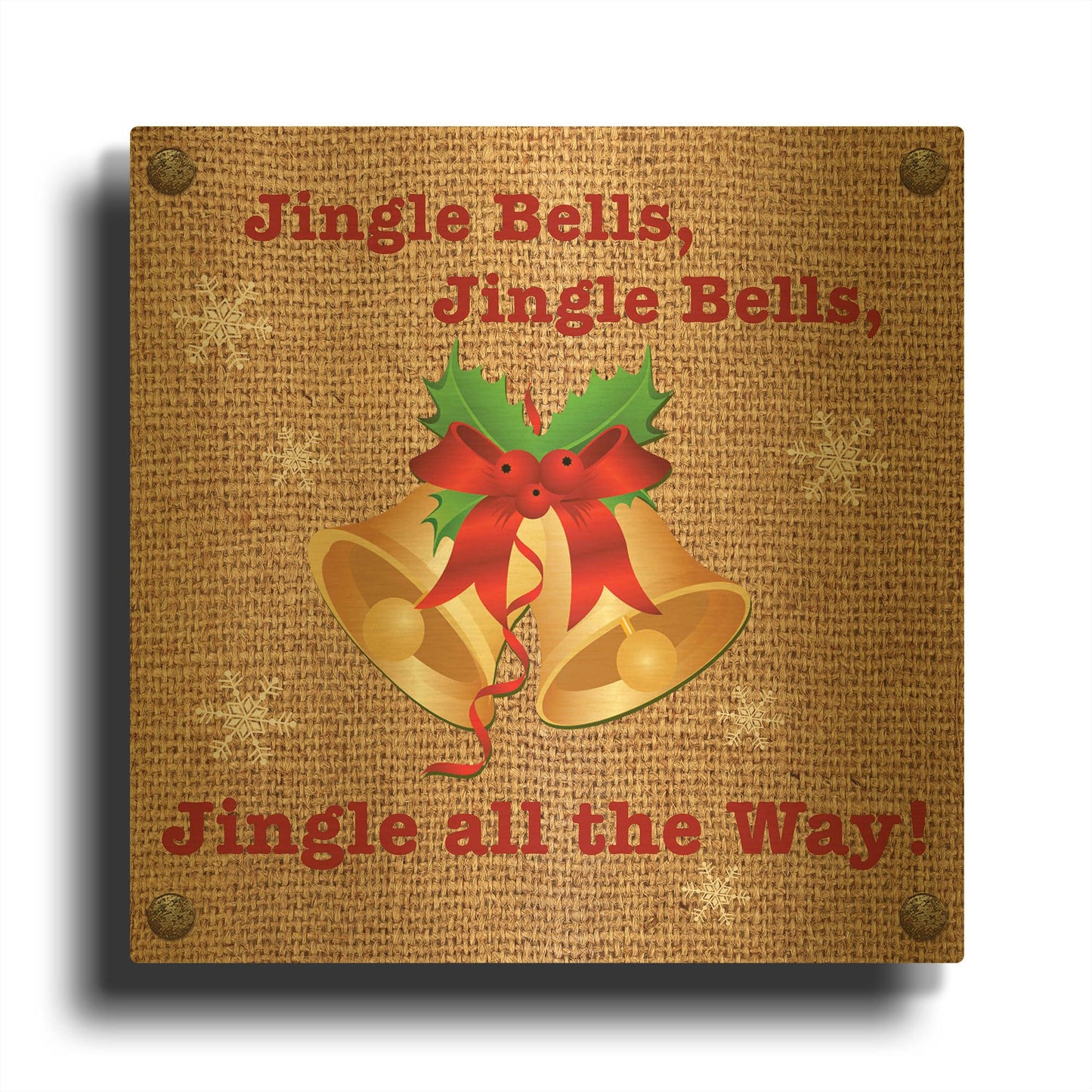 'Christmas On Burlap 3' By Jean Plout Gold Metal Wall Art