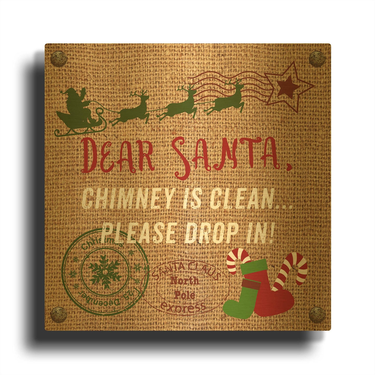 'Christmas On Burlap 2' By Jean Plout Gold Metal Wall Art
