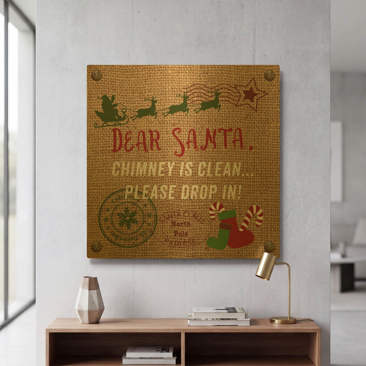'Christmas On Burlap 2' By Jean Plout Gold Metal Wall Art