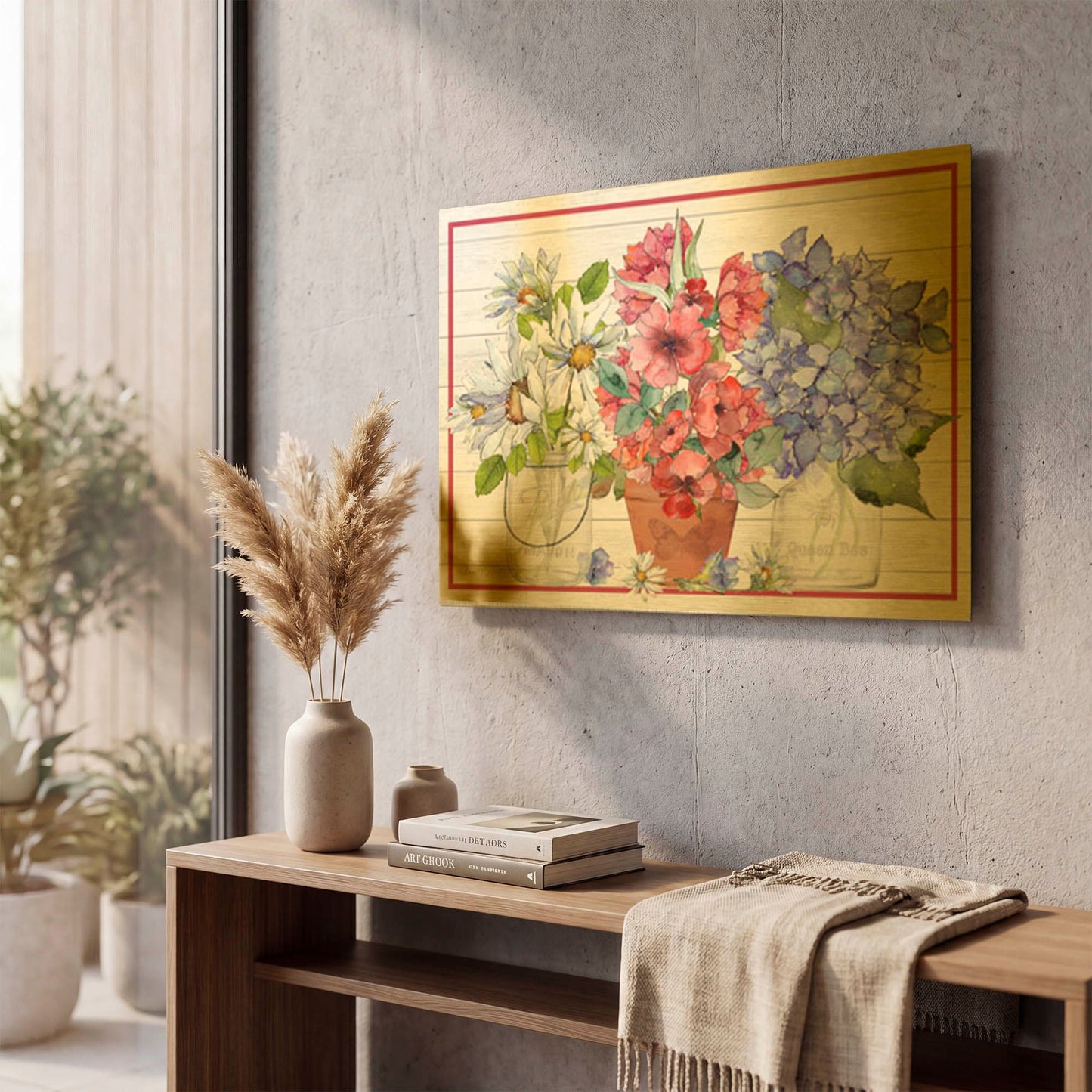 'July Flowers On Shiplap A' By Jean Plout Gold Metal Wall Art