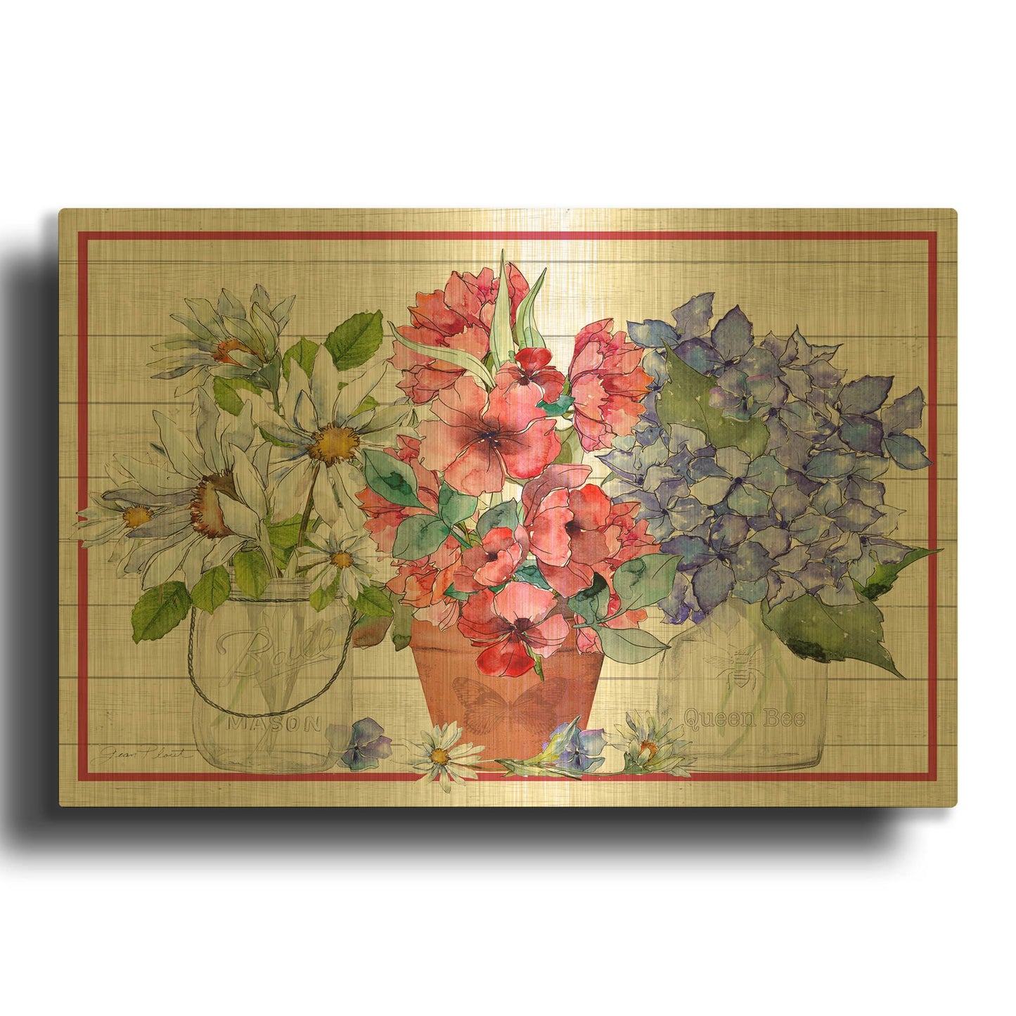 'July Flowers On Shiplap A' By Jean Plout Gold Metal Wall Art