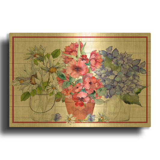 'July Flowers On Shiplap A' By Jean Plout Gold Metal Wall Art