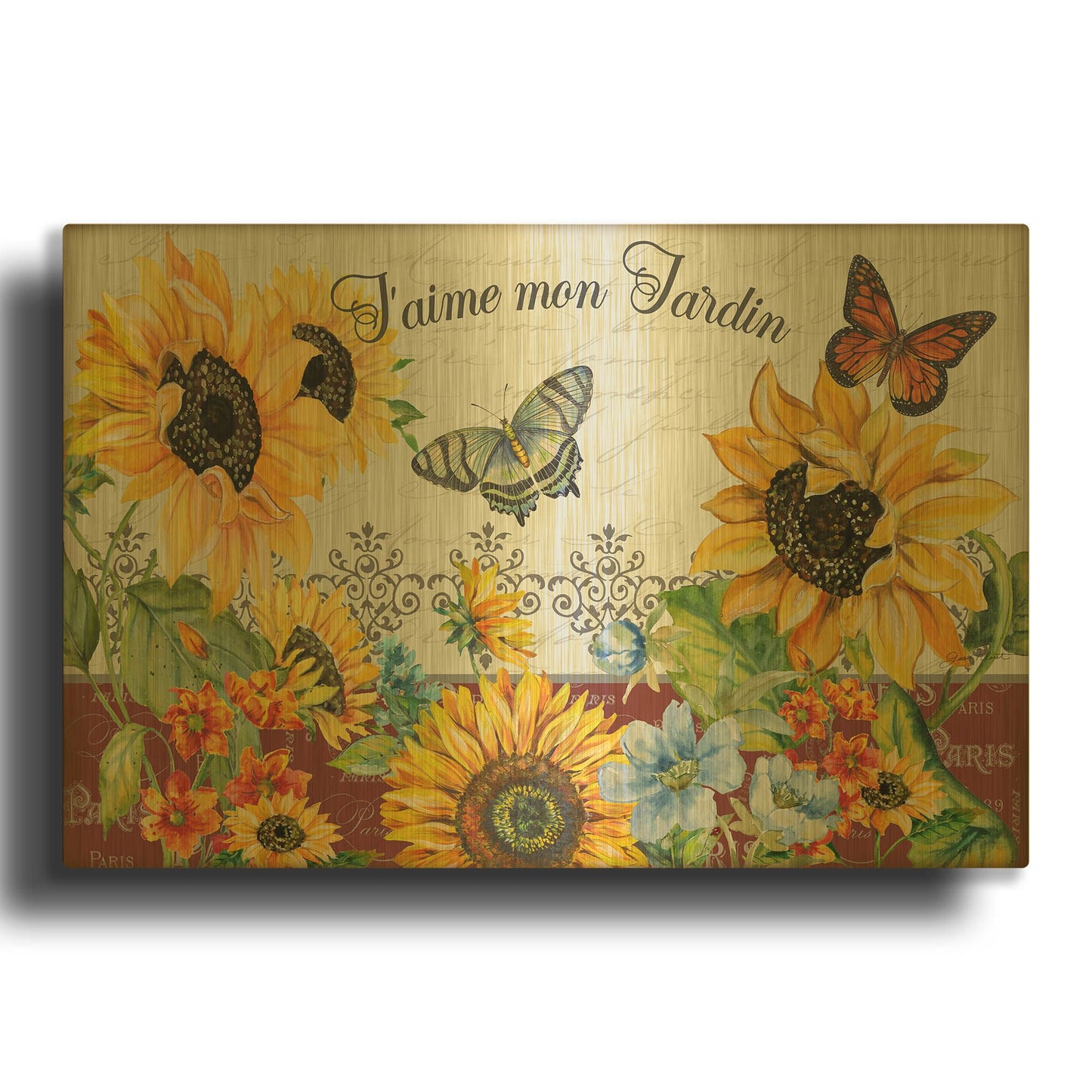 'J’Aime Mon Jardin' By Jean Plout Gold Metal Wall Art
