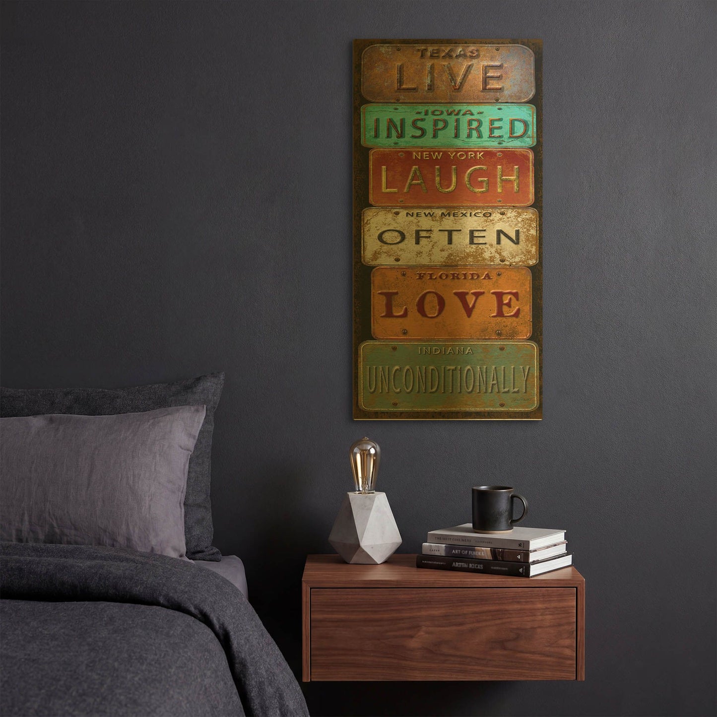 'Laugh Live Inspired License Plate' By Jean Plout Gold Metal Wall Art