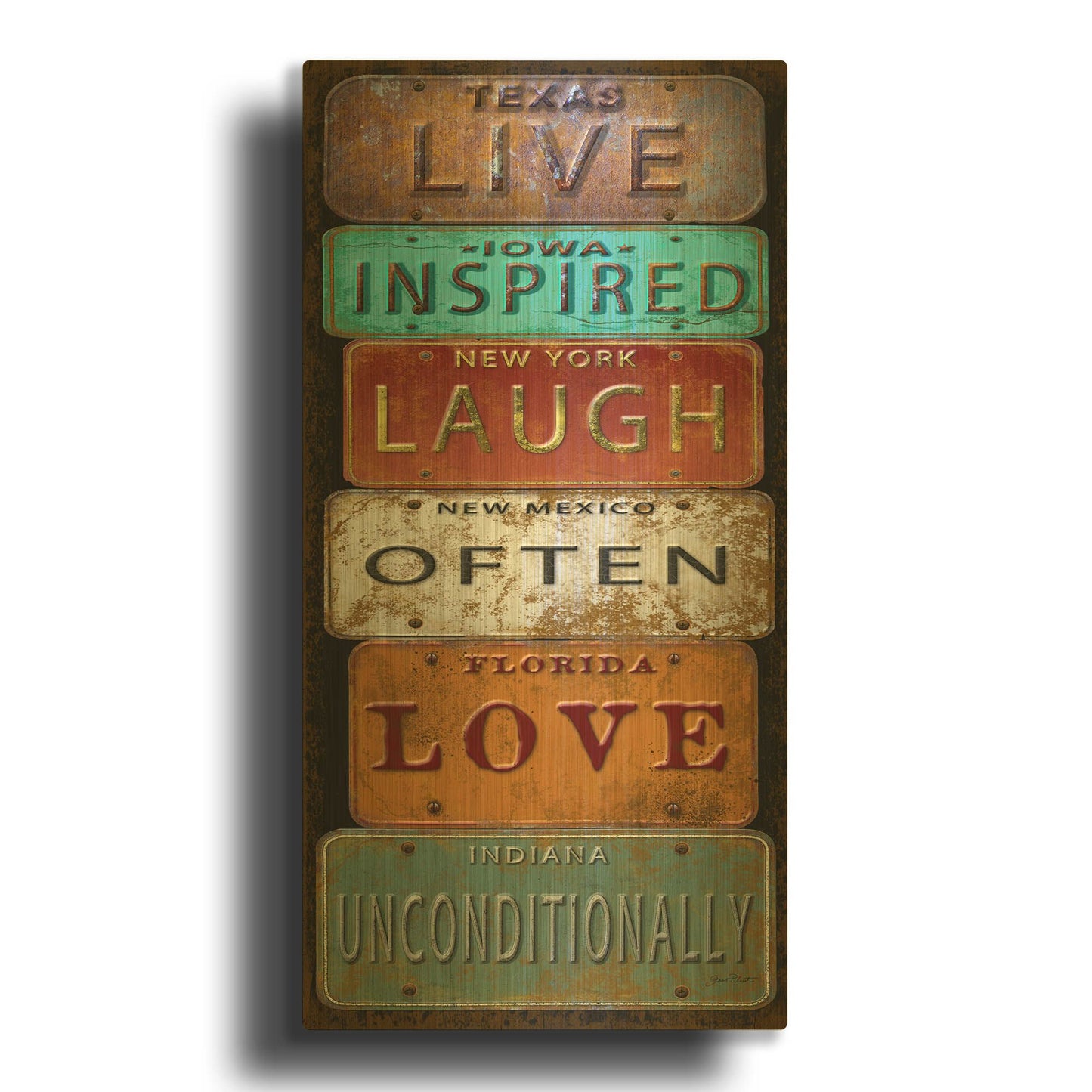 'Laugh Live Inspired License Plate' By Jean Plout Gold Metal Wall Art
