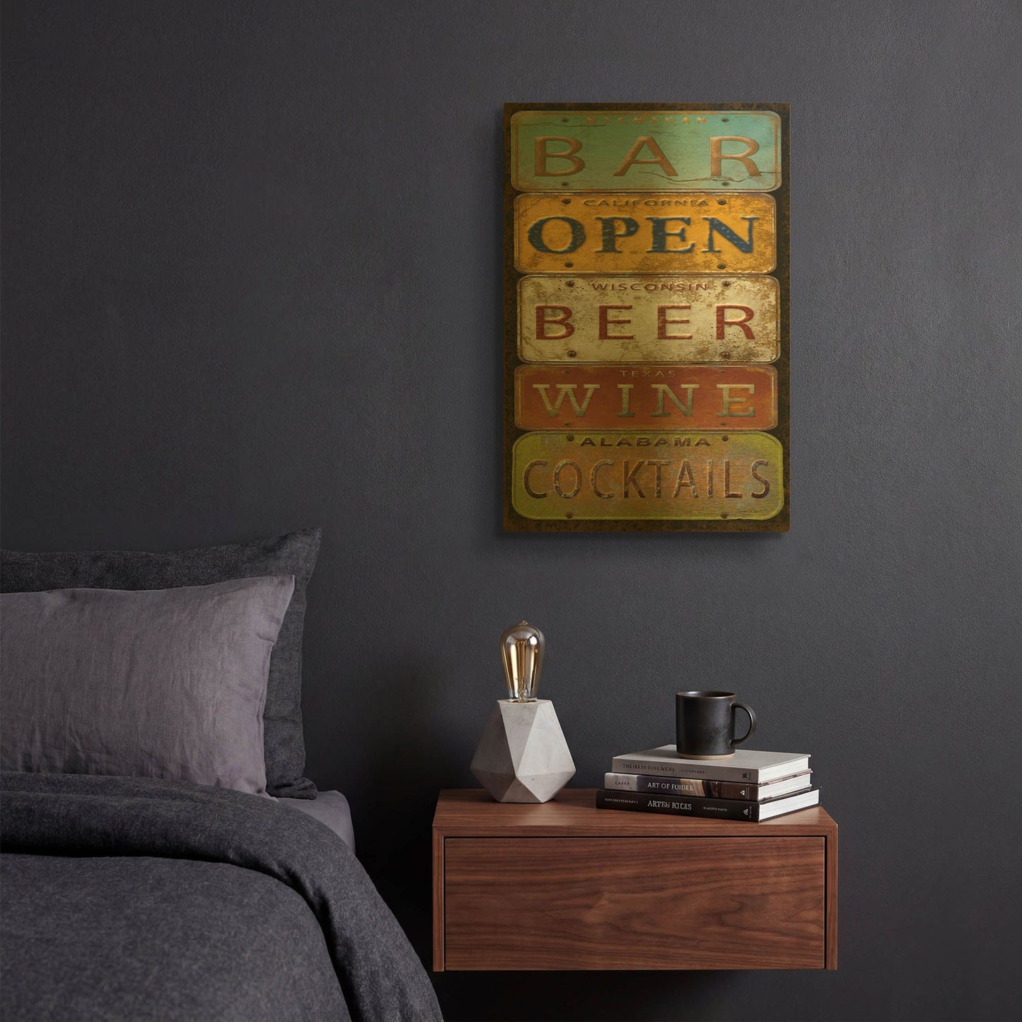 'License Plates Bar' By Jean Plout Gold Metal Wall Art