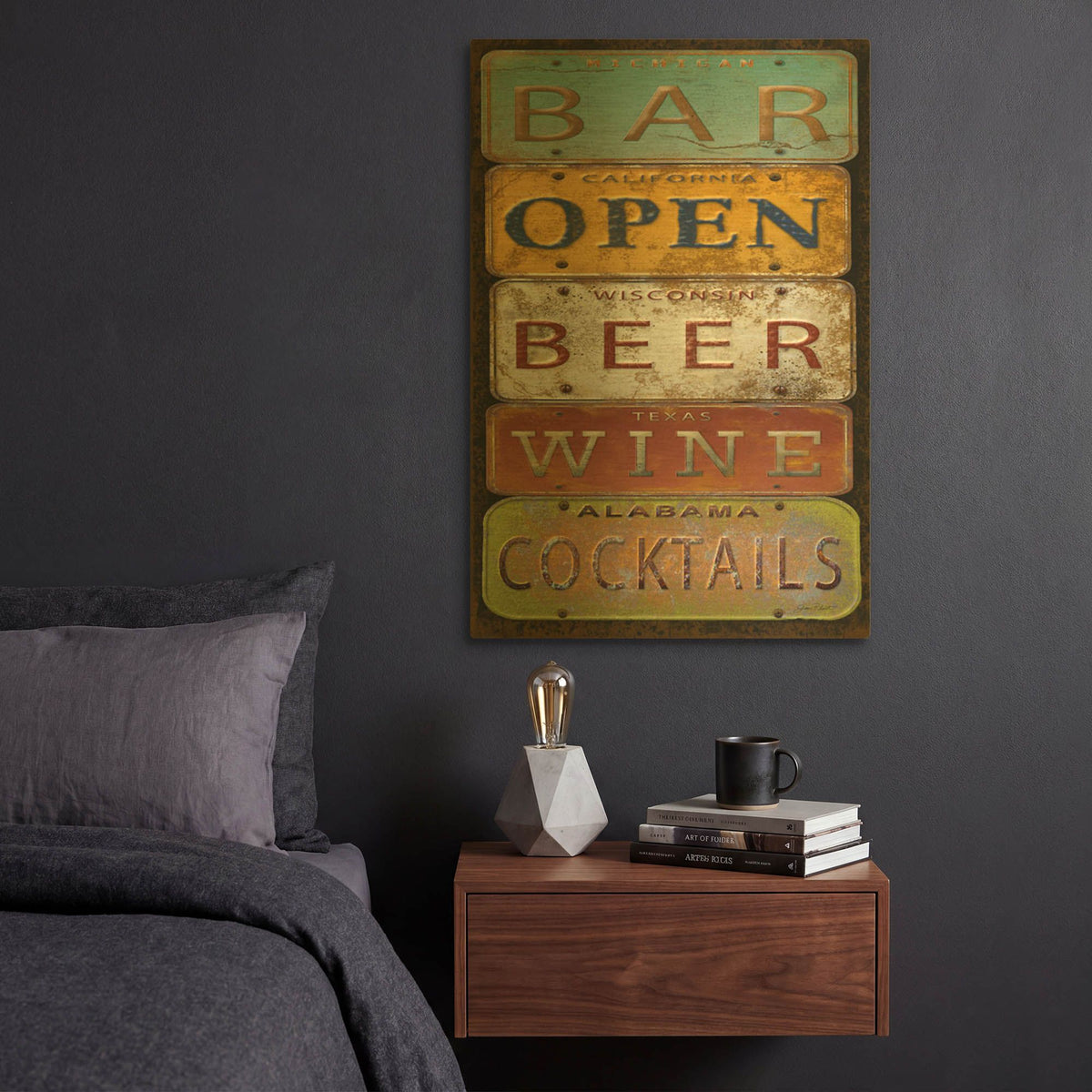 'License Plates Bar' By Jean Plout Gold Metal Wall Art