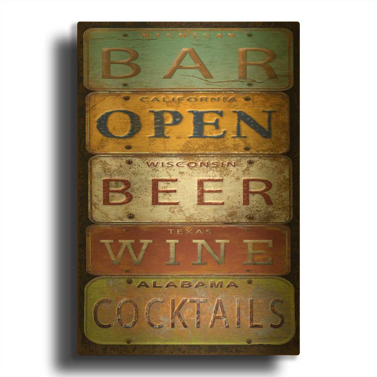 'License Plates Bar' By Jean Plout Gold Metal Wall Art