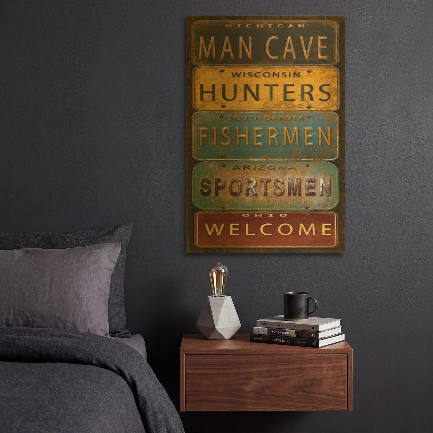 'License Plates Man Cave' By Jean Plout Gold Metal Wall Art