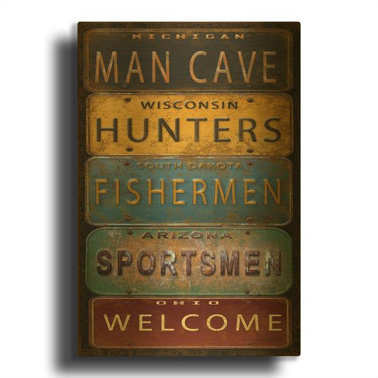 'License Plates Man Cave' By Jean Plout Gold Metal Wall Art