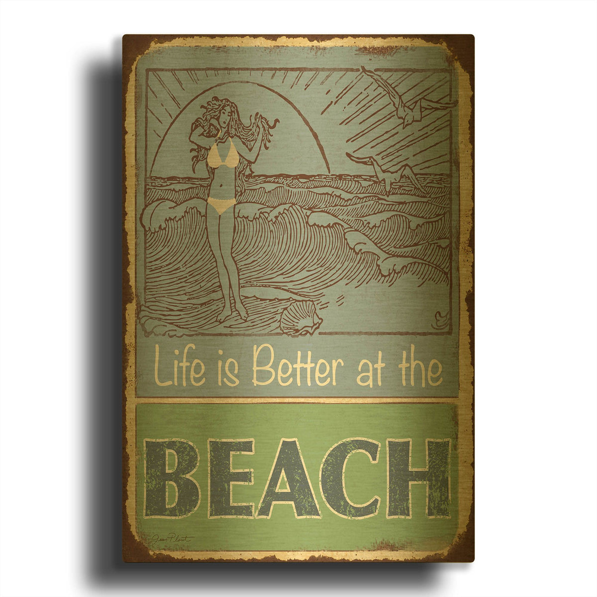 'Lodge Sign E' By Jean Plout Gold Metal Wall Art