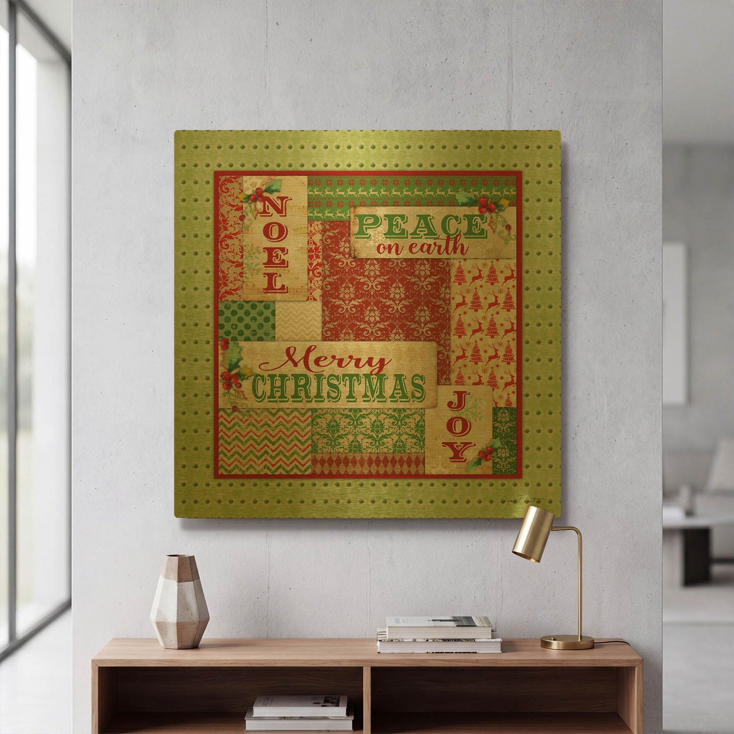 'Lovely Patchwork Christmas' By Jean Plout Gold Metal Wall Art