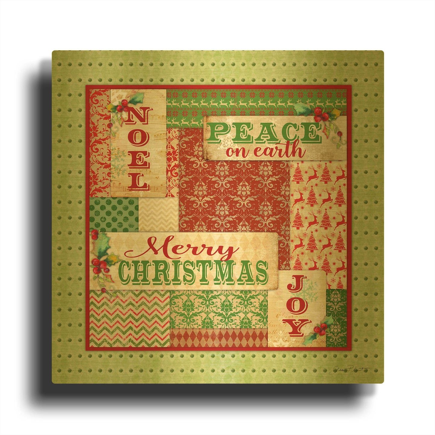 'Lovely Patchwork Christmas' By Jean Plout Gold Metal Wall Art