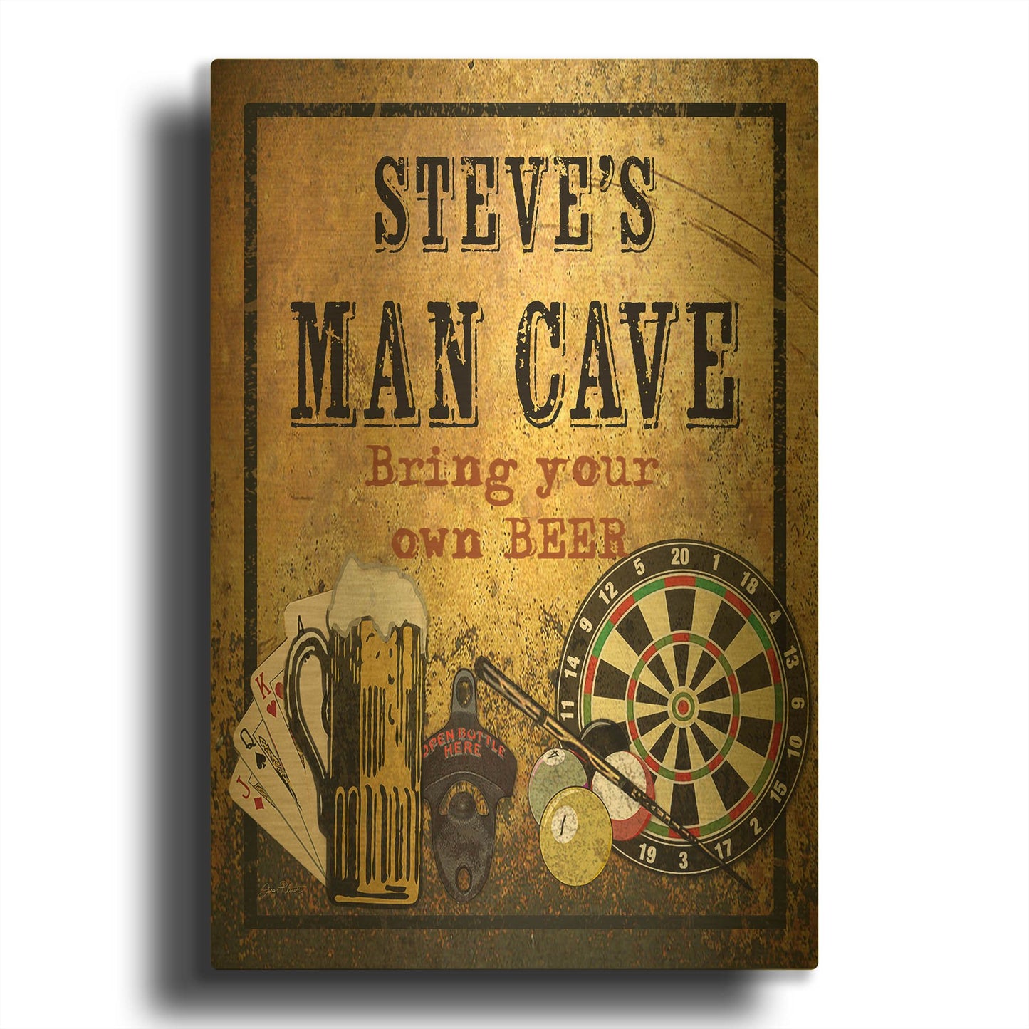 'Man Cave Personalized Beer' By Jean Plout Gold Metal Wall Art