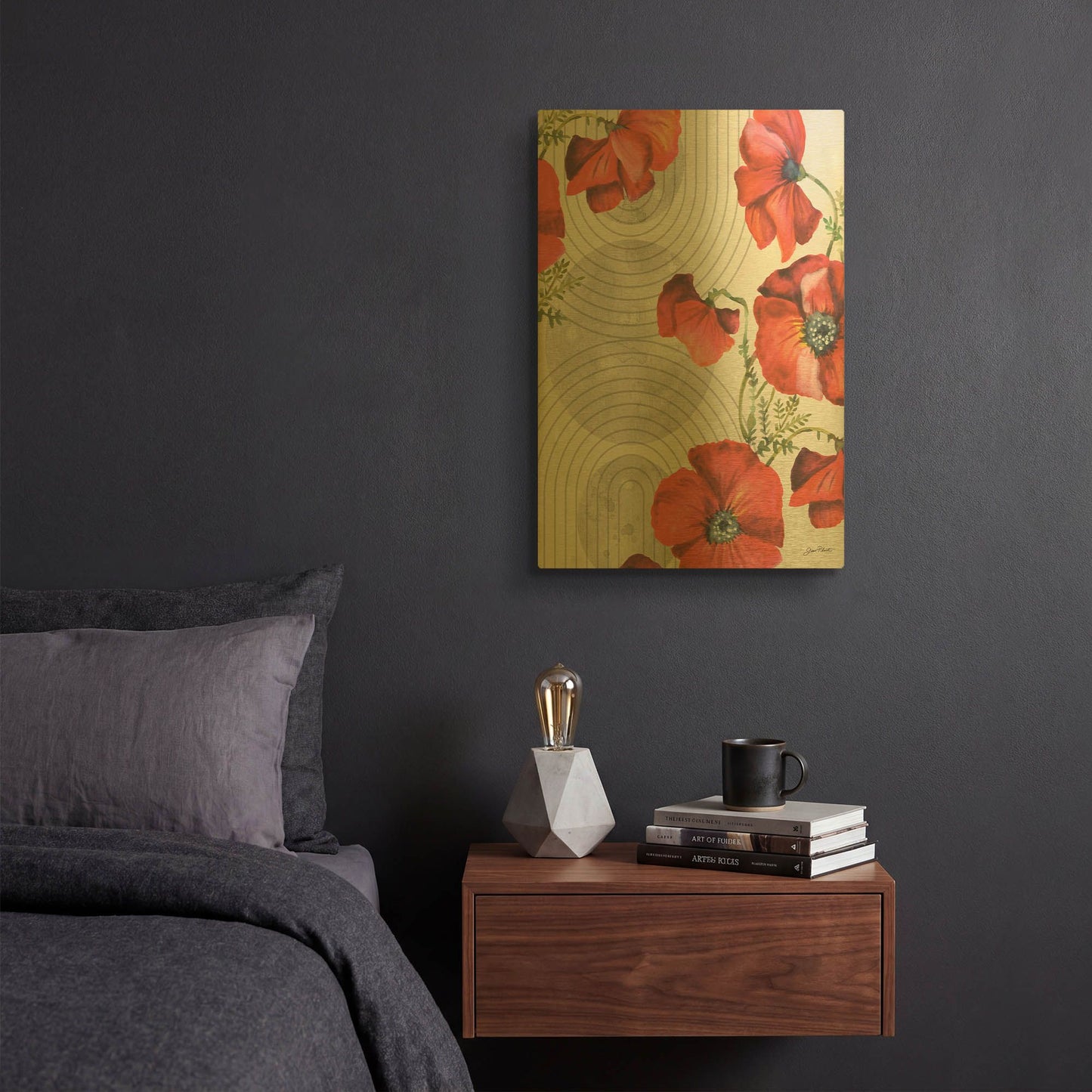 'Mid Century Poppies A' By Jean Plout Gold Metal Wall Art