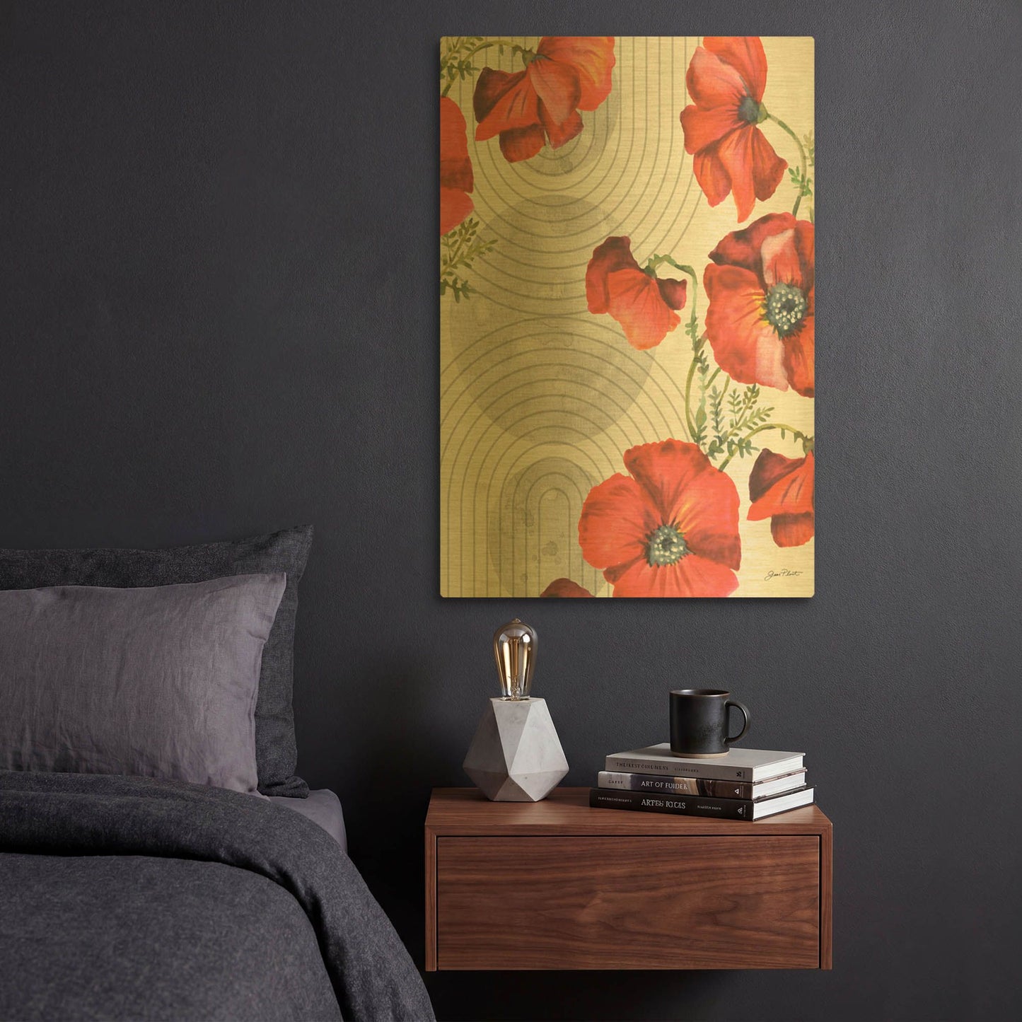 'Mid Century Poppies A' By Jean Plout Gold Metal Wall Art