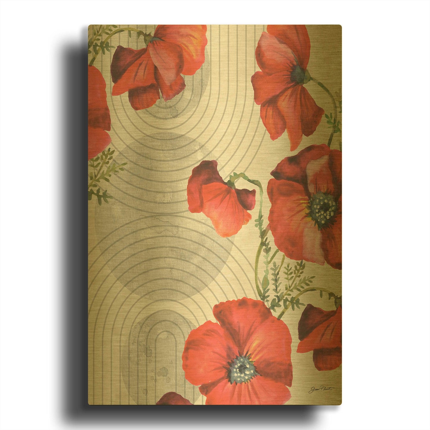 'Mid Century Poppies A' By Jean Plout Gold Metal Wall Art