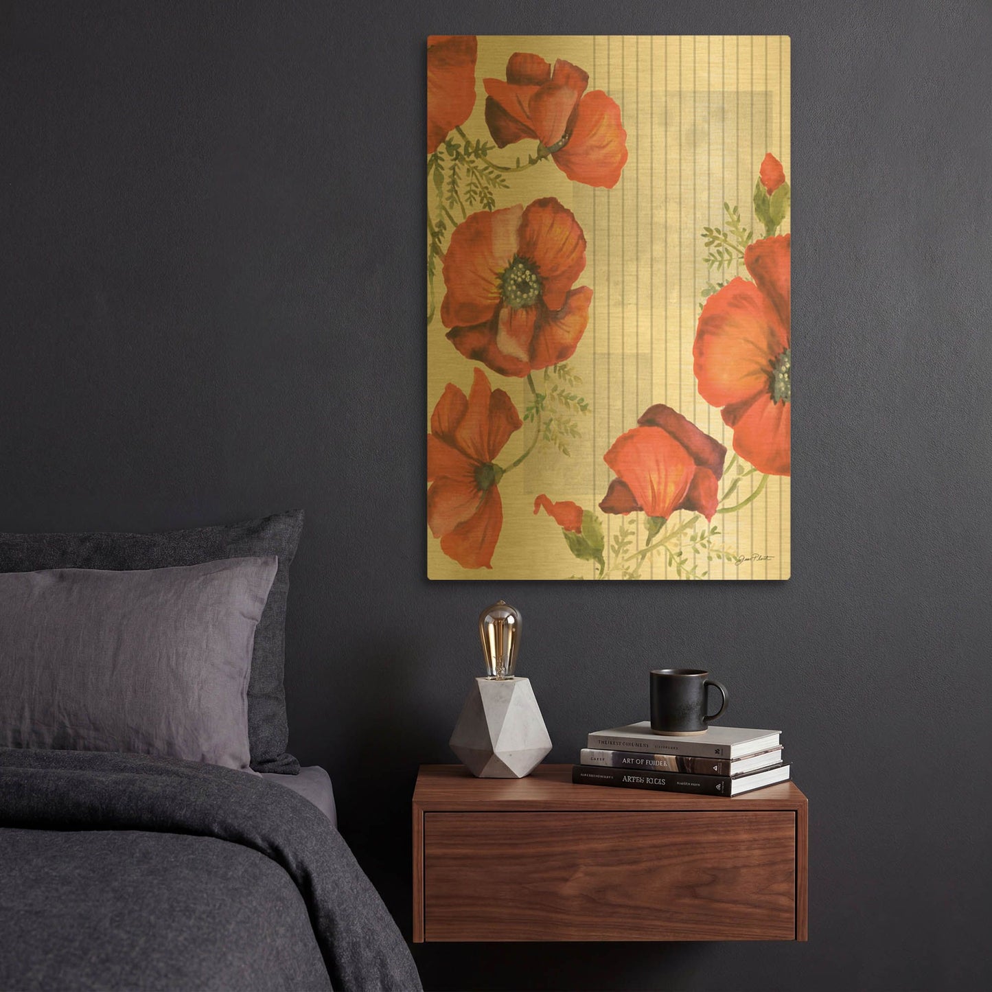 'Mid Century Poppies B' By Jean Plout Gold Metal Wall Art