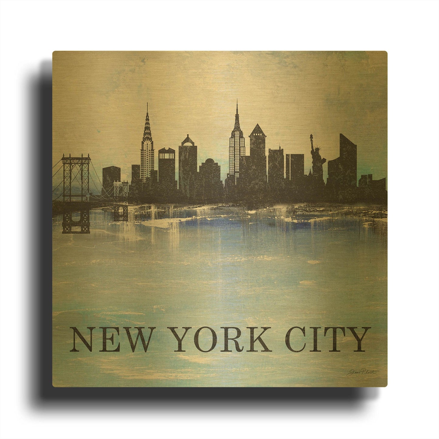 'Misty Blue Cities A B' By Jean Plout Gold Metal Wall Art