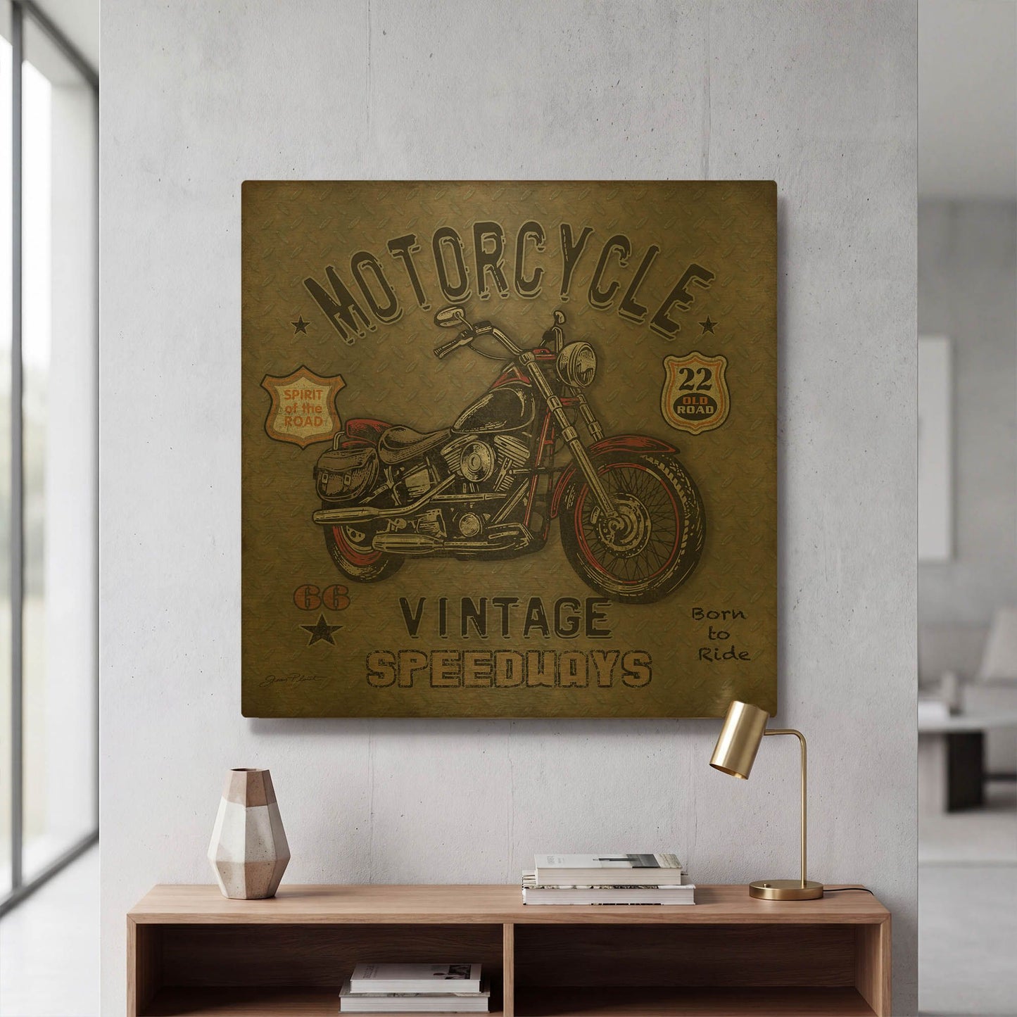 'Motorcycle Speedway A' By Jean Plout Gold Metal Wall Art