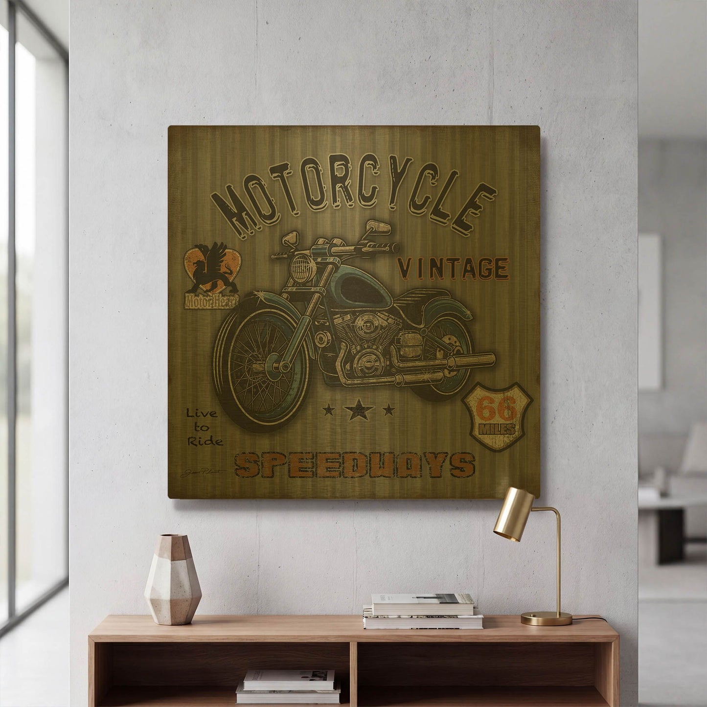 'Motorcycle Speedway B' By Jean Plout Gold Metal Wall Art