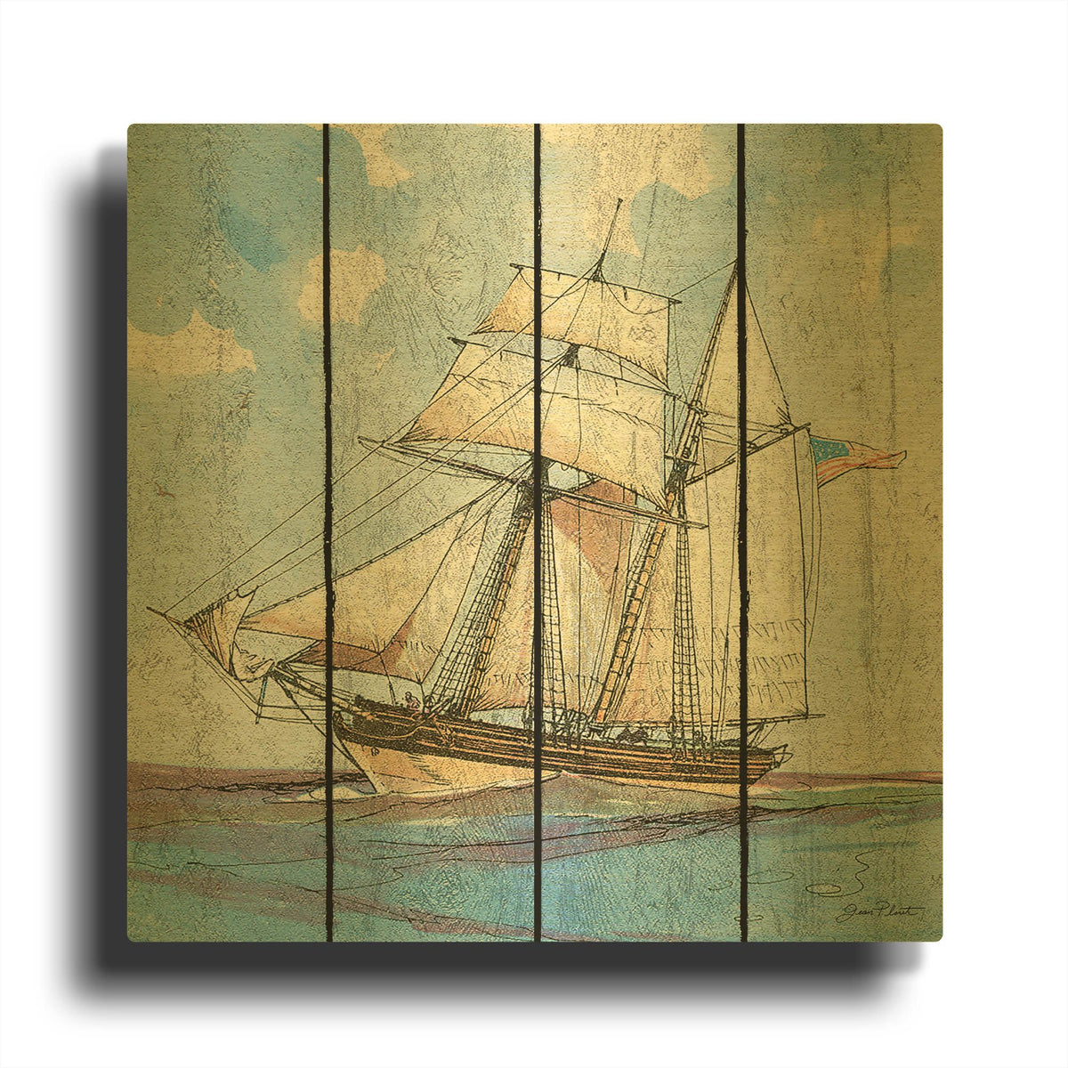 'Nautical Ships B' By Jean Plout Gold Metal Wall Art