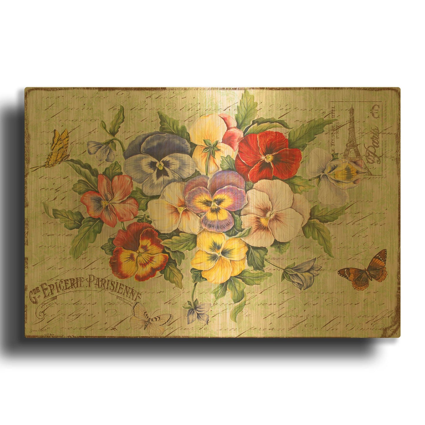 'Pansies And Butterflies' By Jean Plout Gold Metal Wall Art