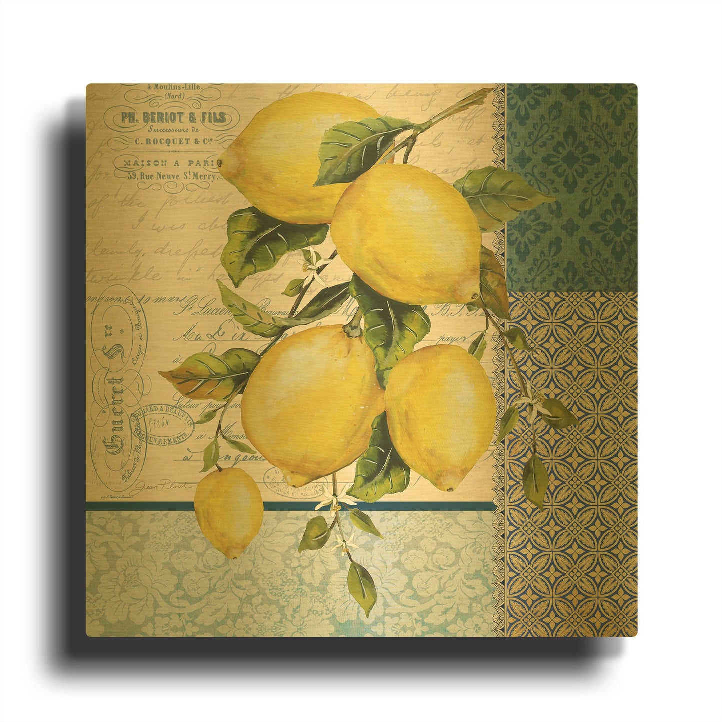 'Patchwork Lemons B' By Jean Plout Gold Metal Wall Art