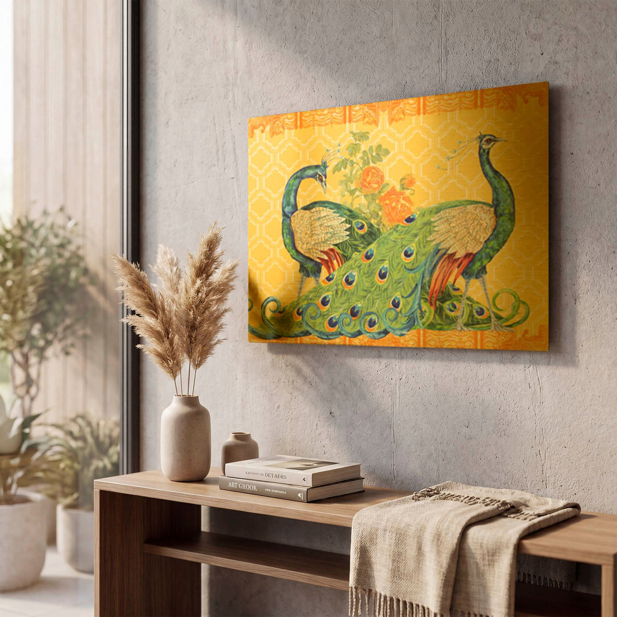 'Peacock Parade B' By Jean Plout Gold Metal Wall Art