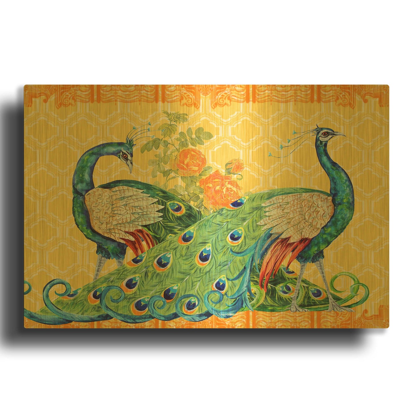 'Peacock Parade B' By Jean Plout Gold Metal Wall Art