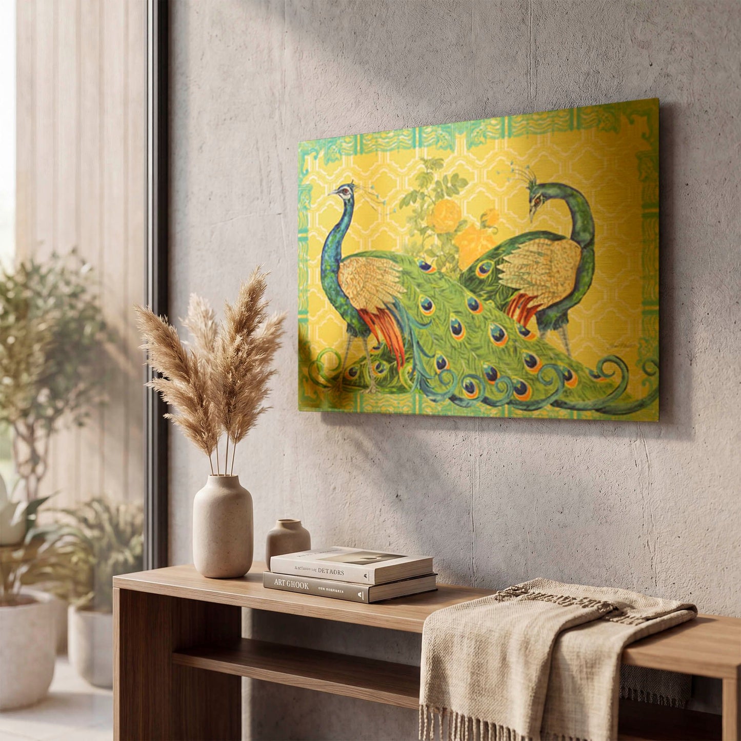 'Peacock Parade Yellow' By Jean Plout Gold Metal Wall Art