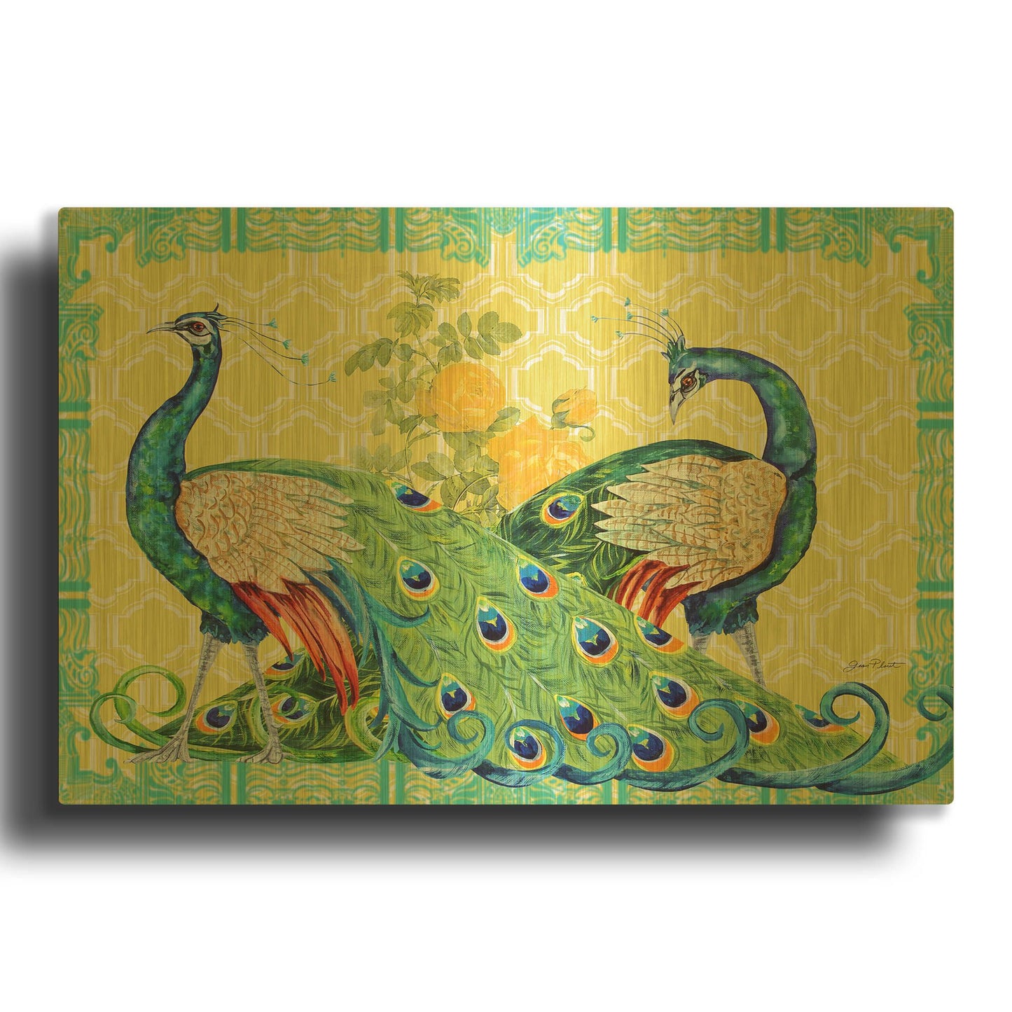 'Peacock Parade Yellow' By Jean Plout Gold Metal Wall Art