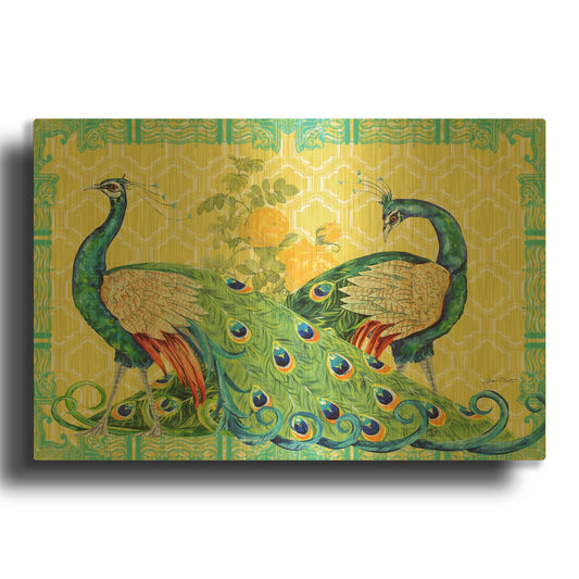 'Peacock Parade Yellow' By Jean Plout Gold Metal Wall Art