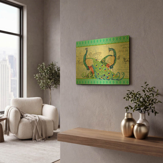 'Peacocks In The Garden Aqua' By Jean Plout Gold Metal Wall Art