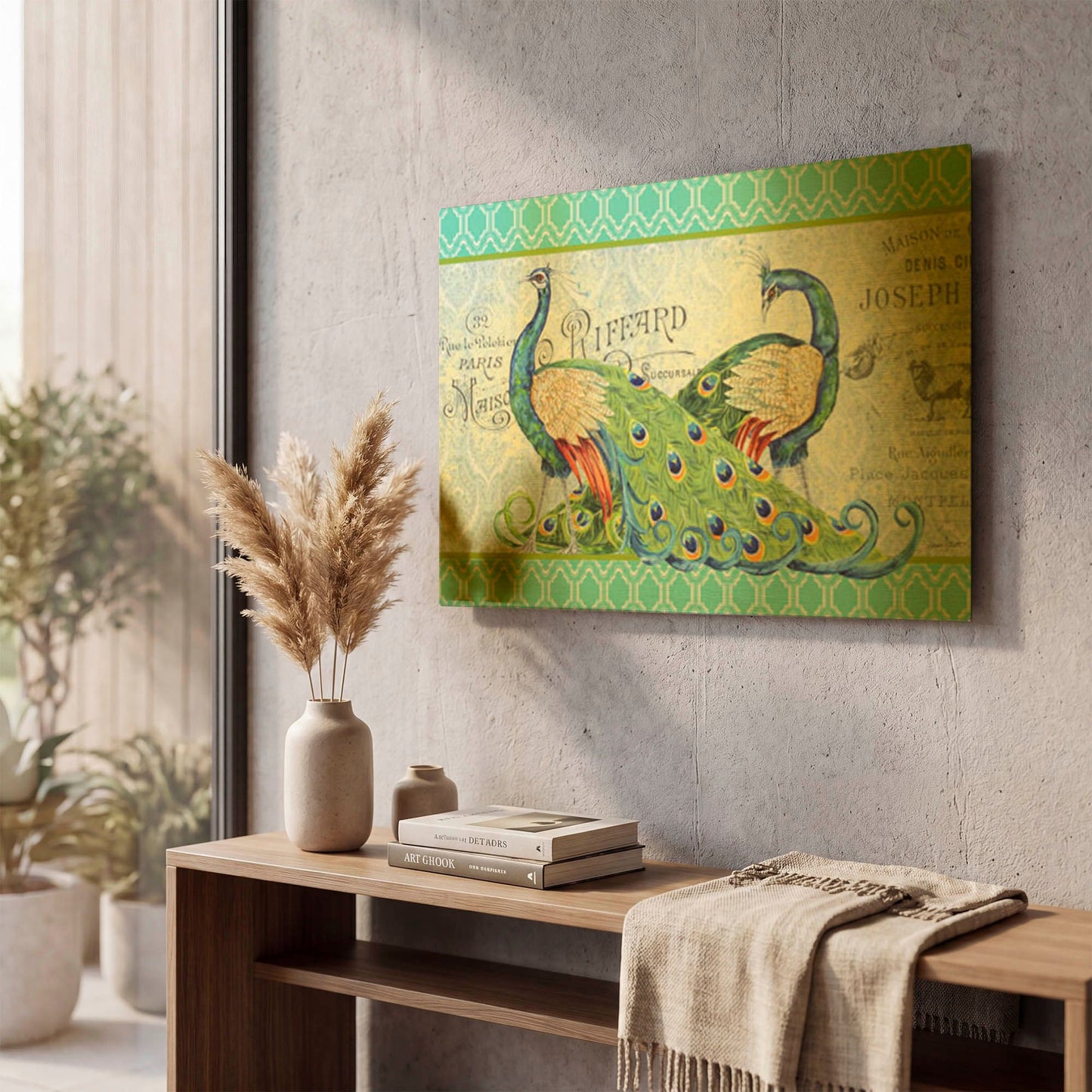'Peacocks In The Garden Aqua' By Jean Plout Gold Metal Wall Art