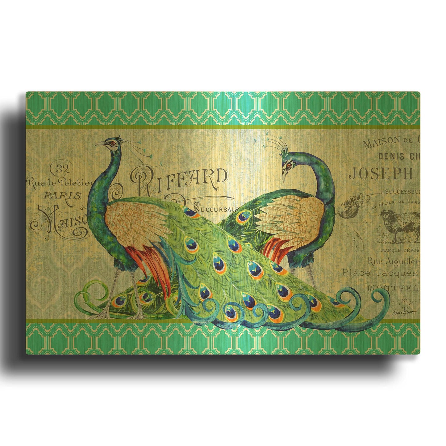 'Peacocks In The Garden Aqua' By Jean Plout Gold Metal Wall Art