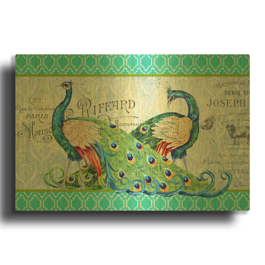 'Peacocks In The Garden Aqua' By Jean Plout Gold Metal Wall Art