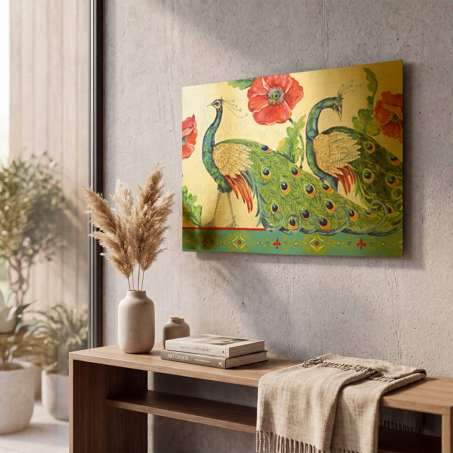 'Peacocks In The Garden Cropped' By Jean Plout Gold Metal Wall Art