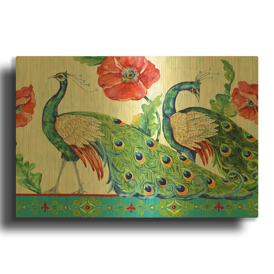 'Peacocks In The Garden Cropped' By Jean Plout Gold Metal Wall Art