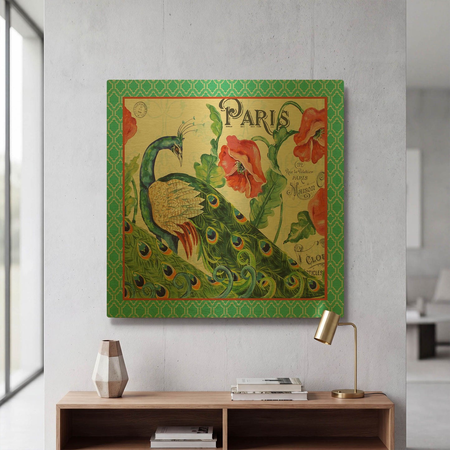'Peacocks In The Garden-4' By Jean Plout Gold Metal Wall Art