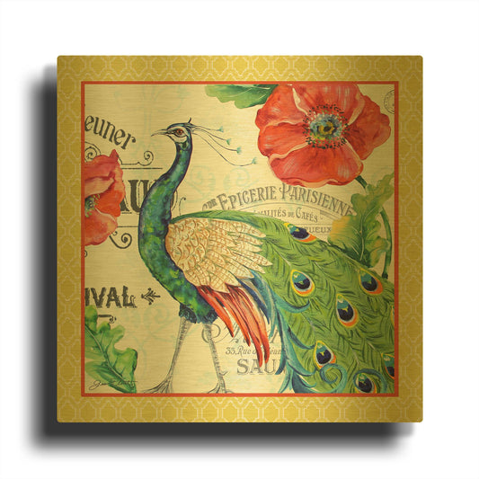 'Peacocks In The Garden Yellow' By Jean Plout Gold Metal Wall Art