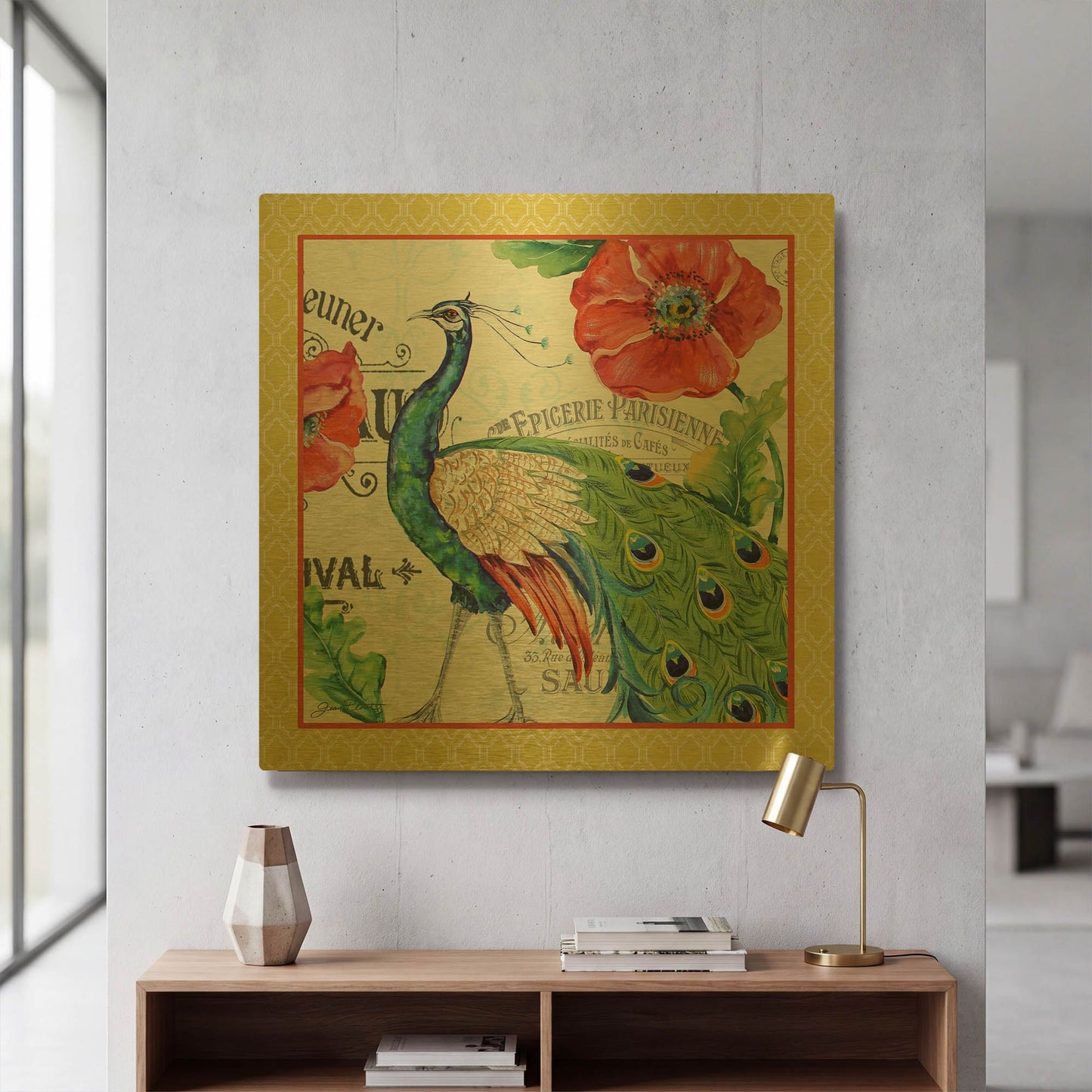 'Peacocks In The Garden Yellow' By Jean Plout Gold Metal Wall Art