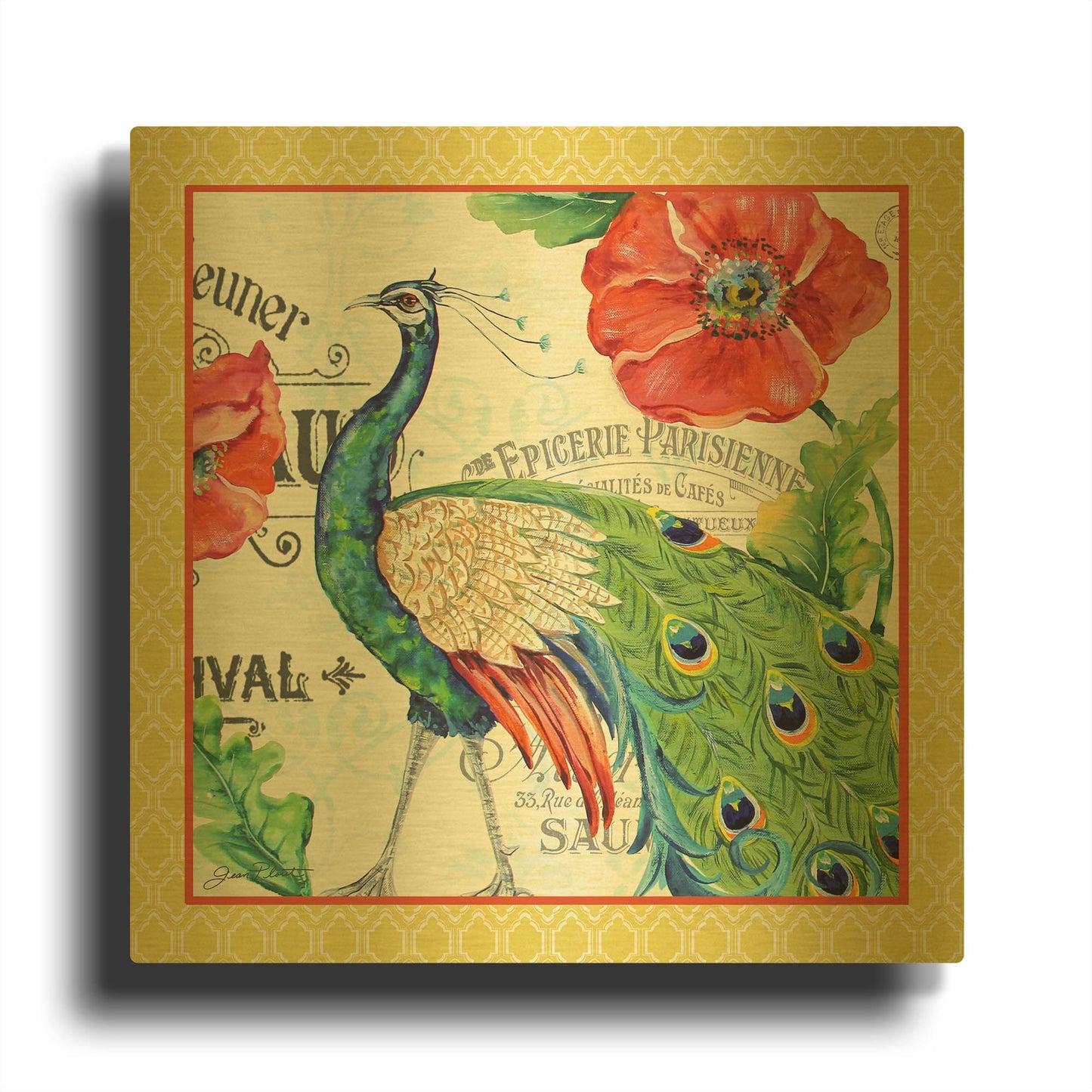 'Peacocks In The Garden Yellow' By Jean Plout Gold Metal Wall Art