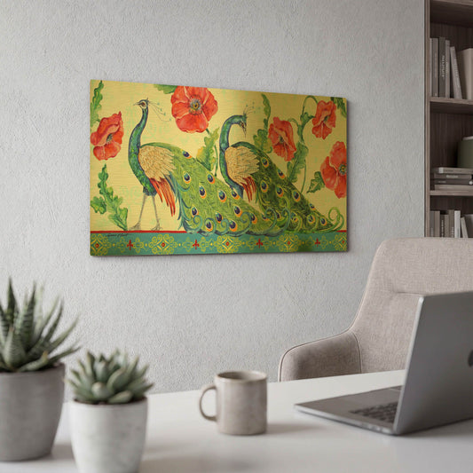 'Peacocks In The Garden 9' By Jean Plout Gold Metal Wall Art