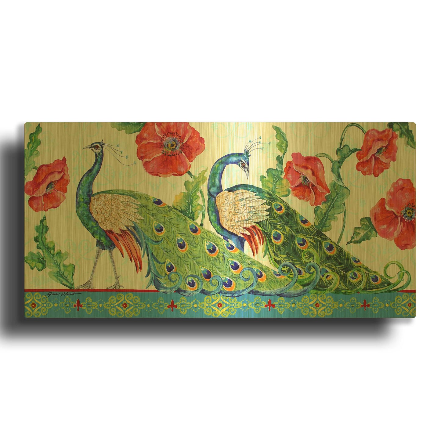 'Peacocks In The Garden 9' By Jean Plout Gold Metal Wall Art