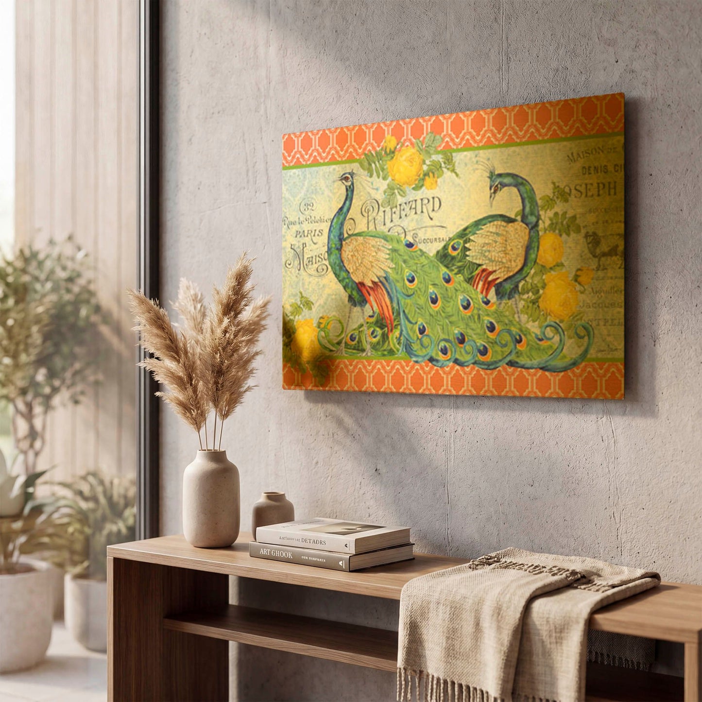 'Peacocks In The Rose Garden' By Jean Plout Gold Metal Wall Art