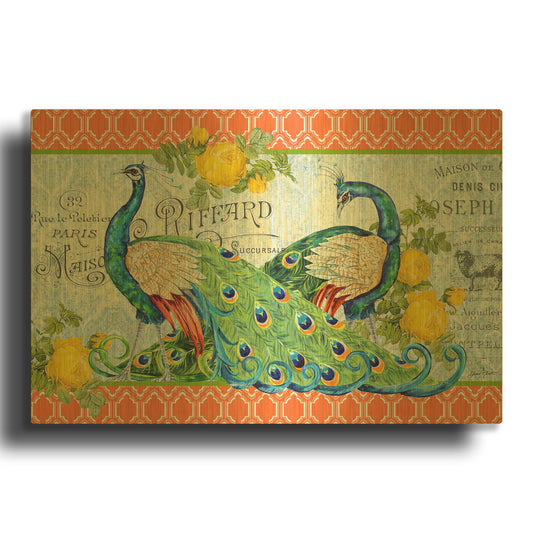 'Peacocks In The Rose Garden' By Jean Plout Gold Metal Wall Art