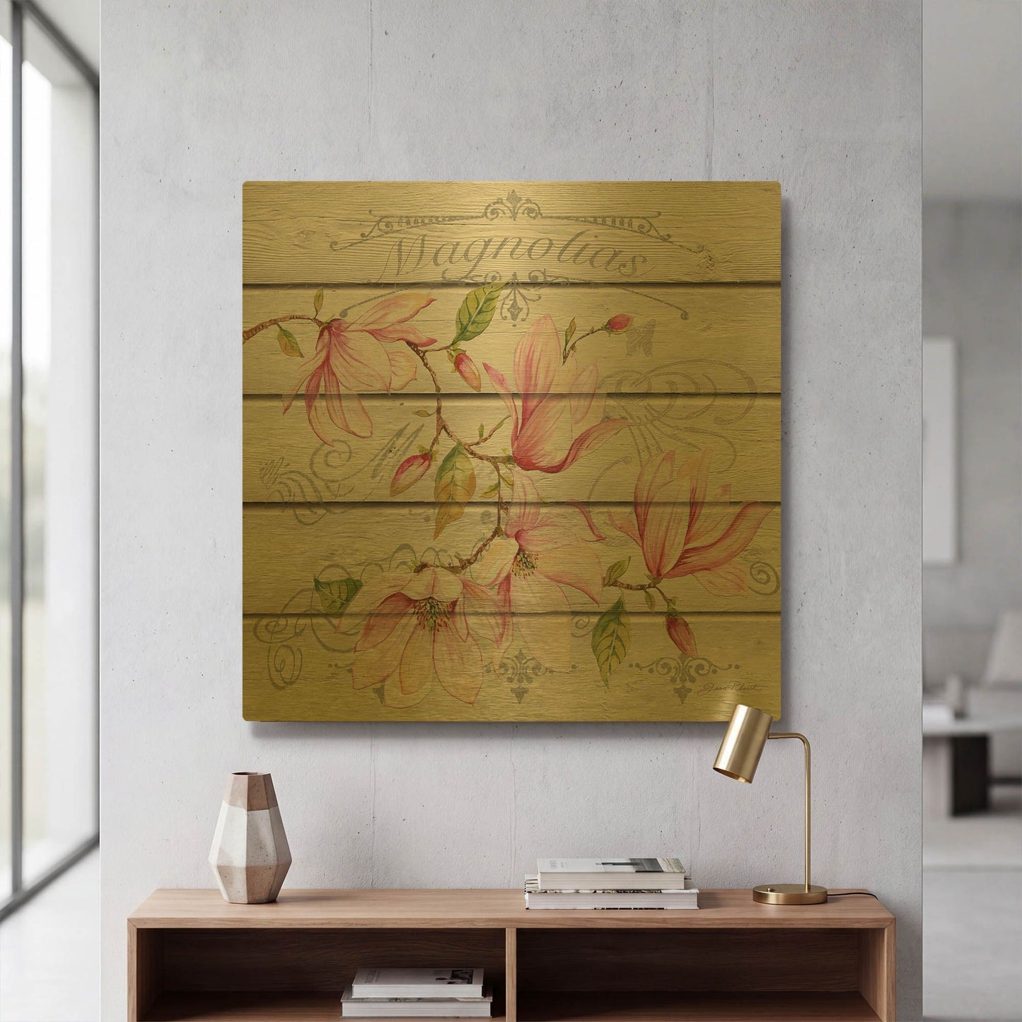 'Pink Magnolias A' By Jean Plout Gold Metal Wall Art