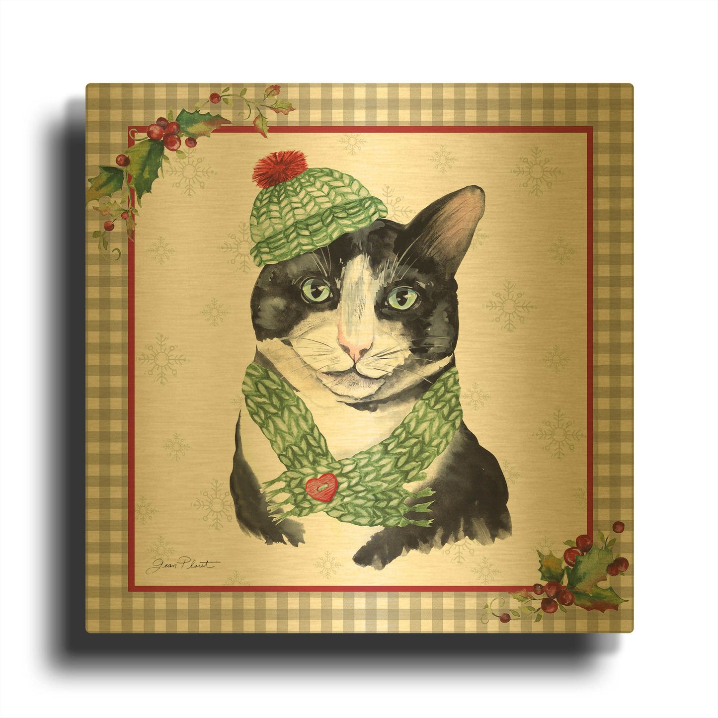 'Plaid Christmas with Cat A' By Jean Plout Gold Metal Wall Art