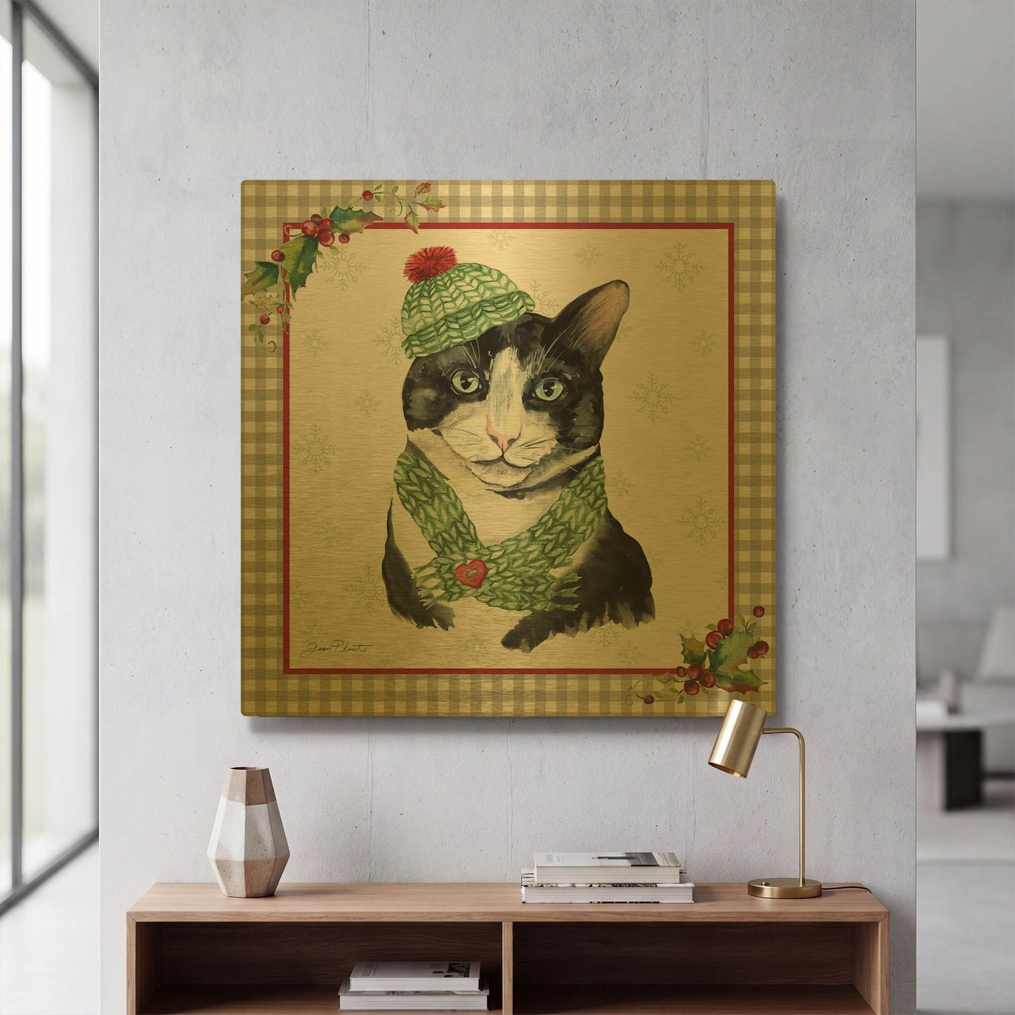 'Plaid Christmas with Cat A' By Jean Plout Gold Metal Wall Art